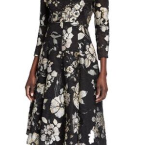 Lela Rose Black and metallic Cream Floral Midi Dress